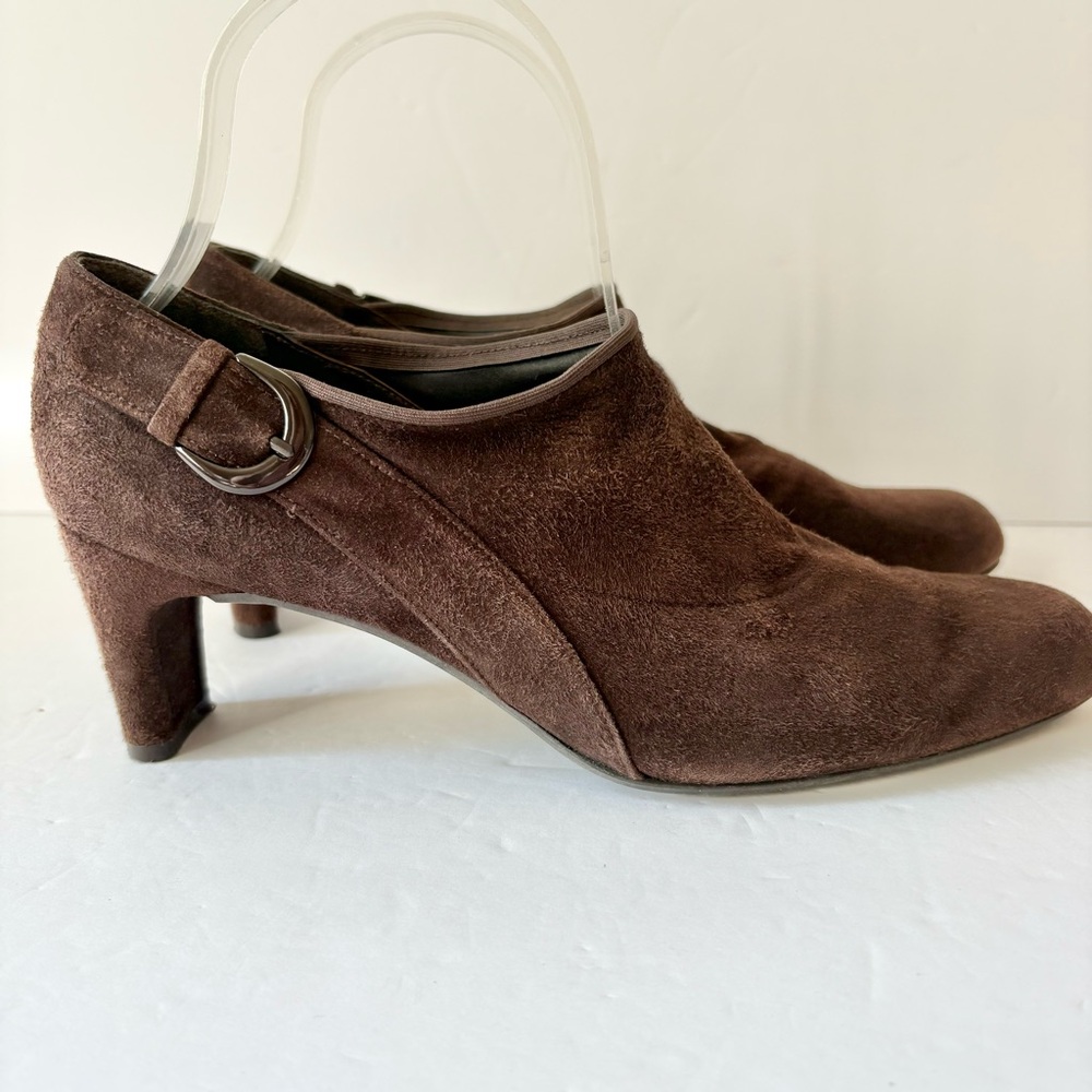Stuart Weitzman Alma Brown Suede Buckle Heeled‎ Ankle Booties Shoes